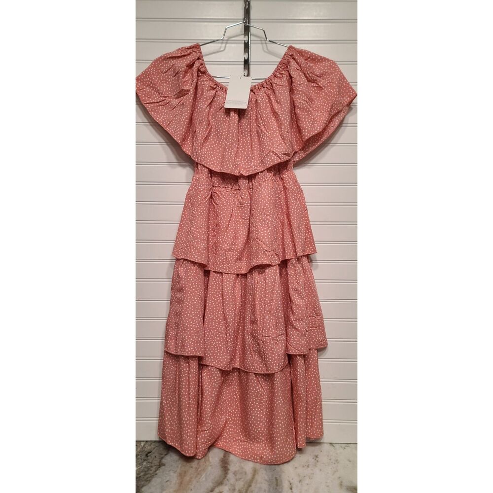 Ninexis Womens Blush/White Polka Dot Off Shoulder Tiered Dress Size L NWT